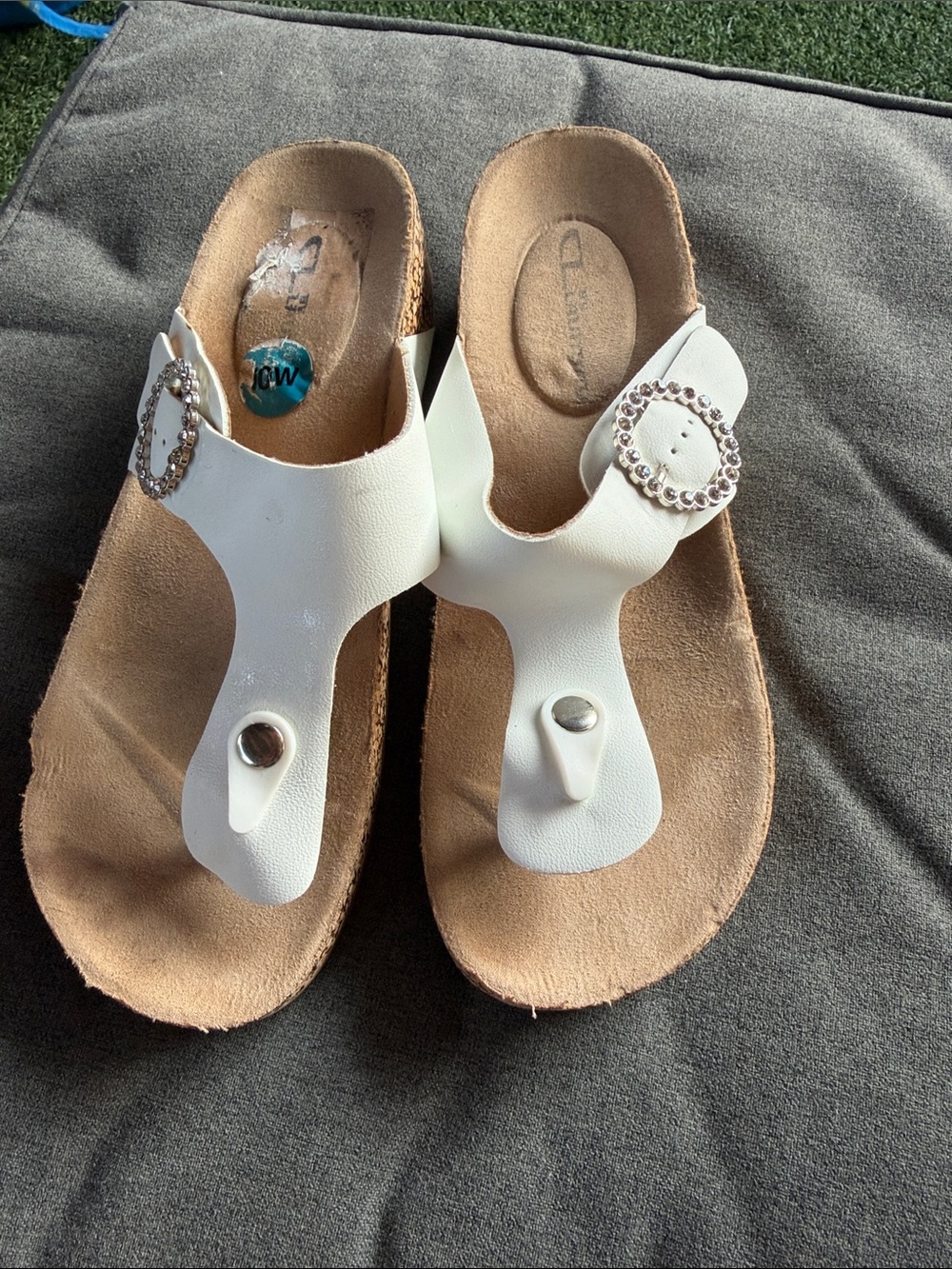 CL Laundry White Rhinestone Buckle Toe-Post Sandals